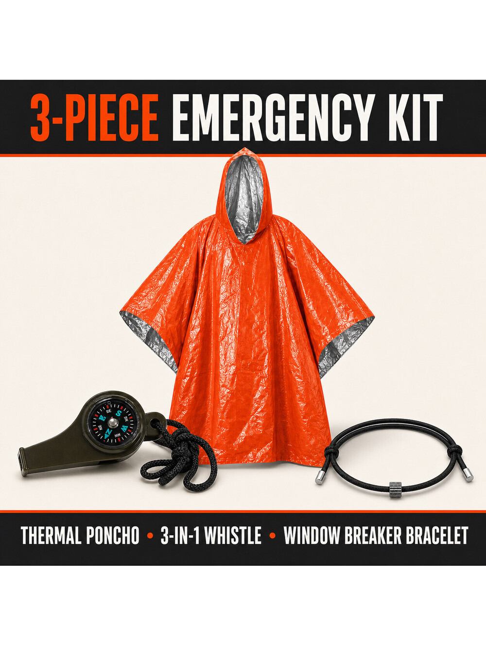 Car Emergency Kit Poncho 3-in-1 Whistle Window Breaker Bracelet Roadside